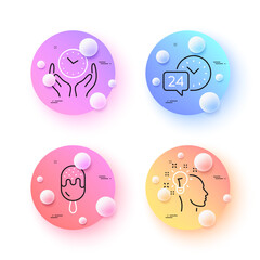 Safe time, Idea and 24h service minimal line icons. 3d spheres or balls buttons. Ice cream icons. For web, application, printing. Hold clock, Creative designer, Call support. Sundae stick. Vector