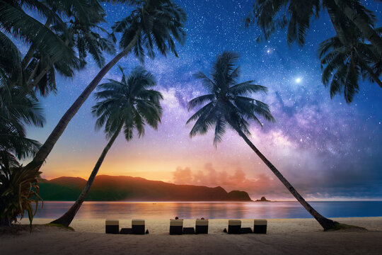 Evening landscape of tropical beach with palm trees against background of magical starry sky with milky way.