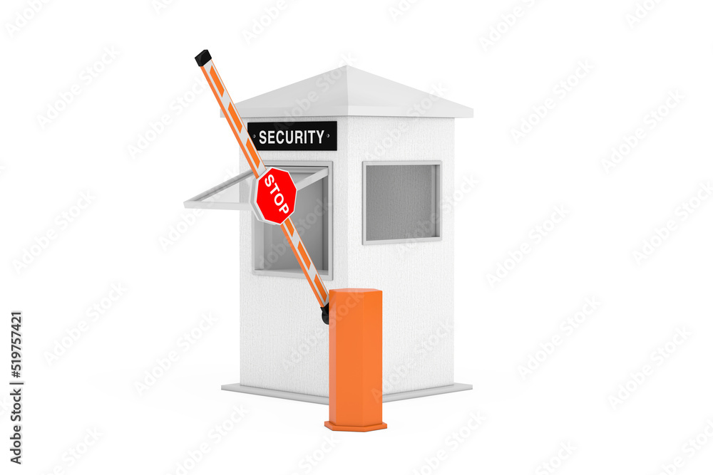 Poster road car barrier and security zone booth with security sign. 3d rendering