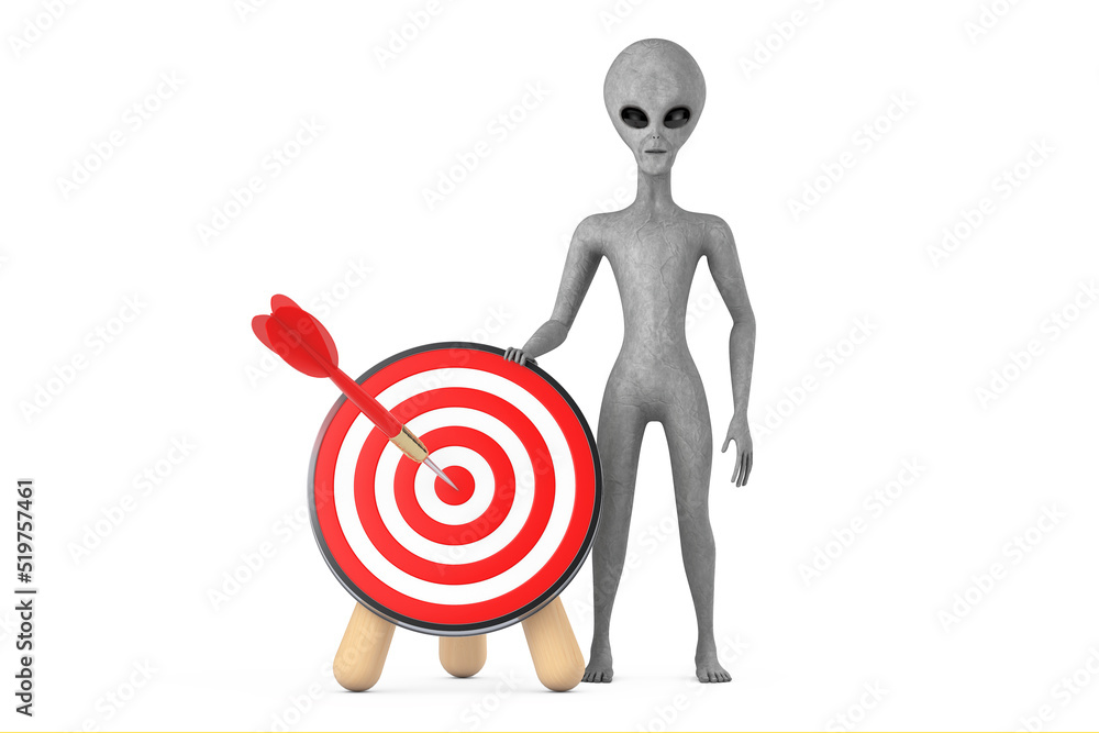 Poster scary gray humanoid alien cartoon character person mascot with archery target and dart in center. 3d