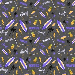 Seamless pattern background. Surfboards, pineapple, palm trees, waves and slogan texts.