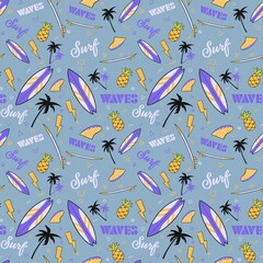 Fototapeta na wymiar Seamless pattern background. Surfboards, pineapple, palm trees, waves and slogan texts.