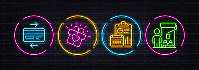 Report, Love gift and Credit card minimal line icons. Neon laser 3d lights. Painter icons. For web, application, printing. Accounting, Heart present, Bank payment. Paint brush. Vector