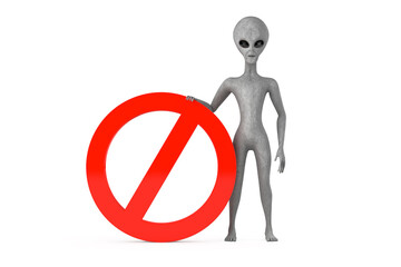 Scary Gray Humanoid Alien Cartoon Character Person Mascot with Red Prohibition or Forbidden Sign. 3d Rendering