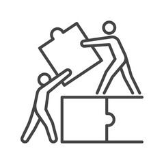 Linear icon of teammates assembling puzzle pieces.