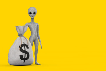 Scary Gray Humanoid Alien Cartoon Character Person Mascot and Tied Rustic Canvas Linen Money Sack or Money Bag with Dollar Sign. 3d Rendering
