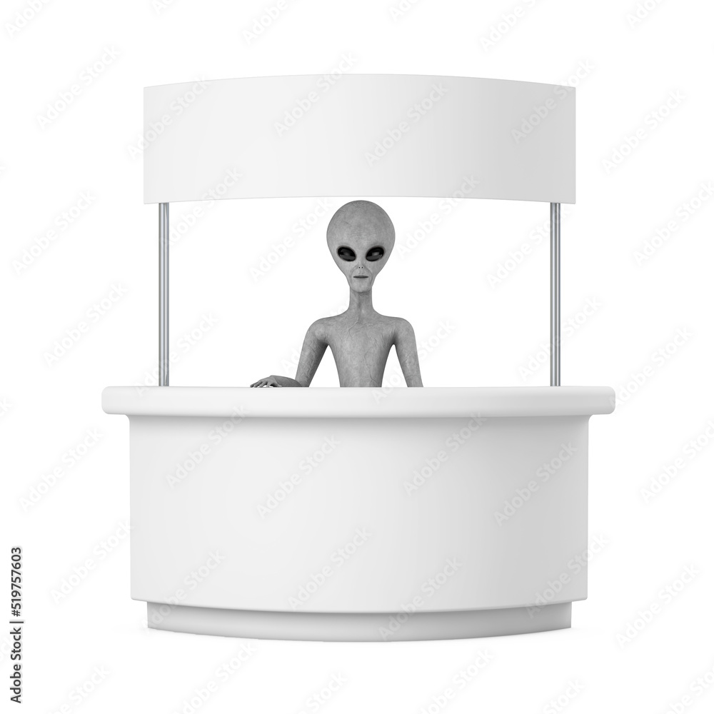 Poster scary gray humanoid alien cartoon character person mascot and blank promotion stand with free space 