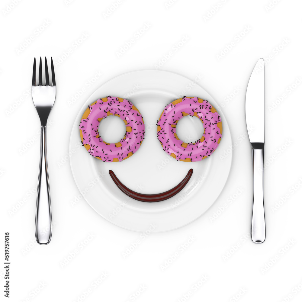 Aufkleber fork and knife near plate with two big pink chocolate glazed donut with chocolate sprinkles and choc