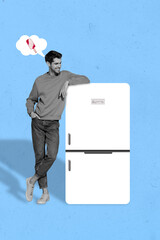 Vertical collage picture of positive guy black white gamma lean fridge think eat ice cream isolated...
