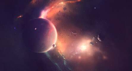 Image of planets in outer space against the background of stars and nebulae	
