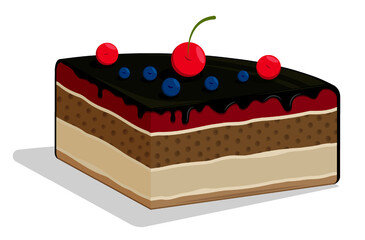 Piece of chocolate cake with dark chocolate icing. Layered pie decorated with cherries and blueberries. Cartoon vector isolated on white background