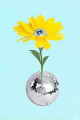 Vertical composite collage illustration of huge flower growth disco ball isolated on drawing...