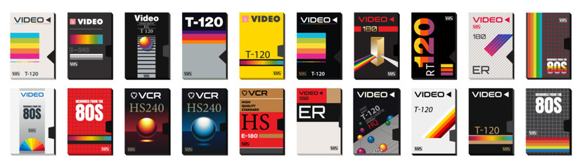 Fototapeta Conjunto de colección de vectores de cintas de cassette vectoriales gráficos de estilo de los años 80. Vídeos de gran éxito. Efecto VHS. Estilo años 80 y 90. Cubiertas retro vintage. obraz