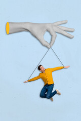 Vertical collage image of huge arm black white gamma hold manipulate small guy puppet isolated of...