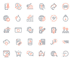 Technology icons set. Included icon as Finance calculator, Analysis graph and Cloud download web elements. Share, Checkbox, Globe icons. Loan percent, Ab testing, Euro rate web signs. Vector