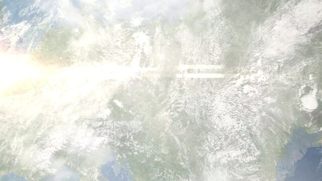 Earth zoom in from outer space to city. Zooming on Opava, Czech Republic. The animation continues by zoom out through clouds and atmosphere into space. Images from NASA