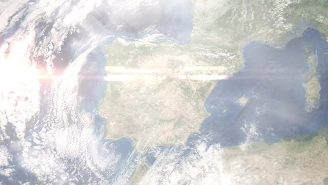 Earth zoom in from outer space to city. Zooming on Parla, Spain. The animation continues by zoom out through clouds and atmosphere into space. Images from NASA