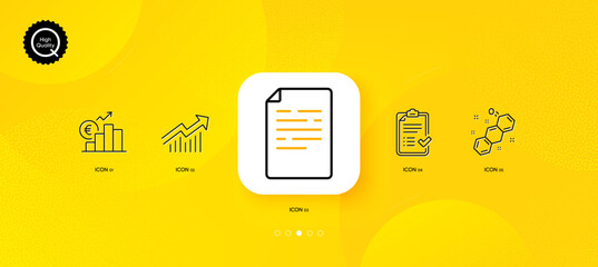 Fototapeta na wymiar Approved checklist, Demand curve and Document minimal line icons. Yellow abstract background. Chemical formula, Euro rate icons. For web, application, printing. Vector