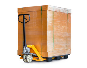 Cargo Boxes on Plastic Pallet with Hand Pallet Truck. Isolated on White Background. Cartons, Cardboard Boxes. Supply Chain. Storehouse Distribution. Shipping Supplies Warehouse Logistics.	
