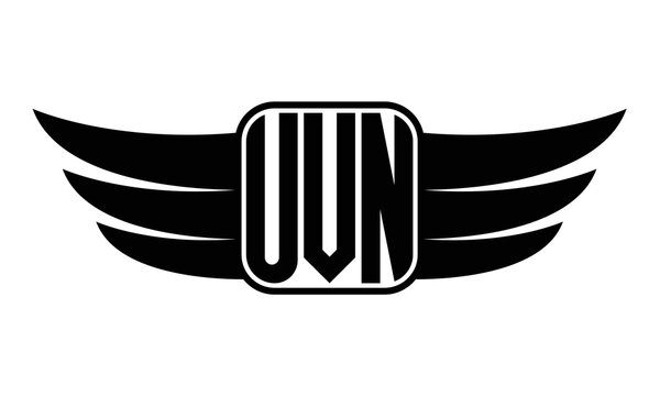 UVN three Letter wing minimalist creative concept icon eagle symbol professional black and white logo design, Vector template