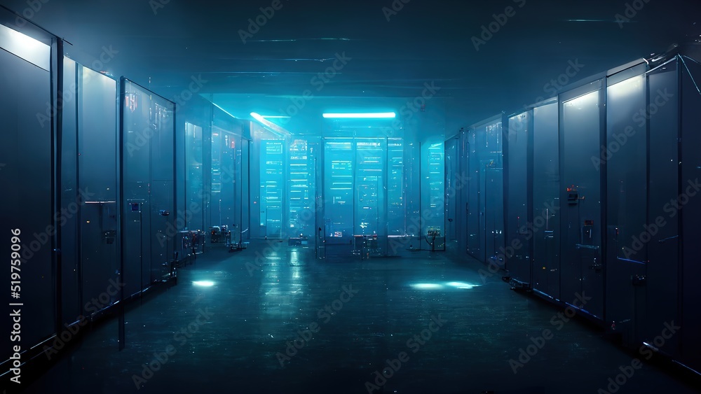 Poster View of a Server room data center. Server racks, quantum computers, server room data center - 3d rendering