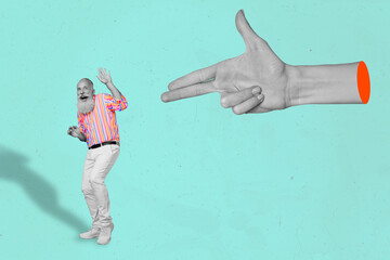 Creative collage illustration of huge hand fingers show gun gesture frightened grandfather...