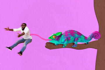 Creative collage image of chameleon sit tree branch tongue catch eat shocked guy isolated on...