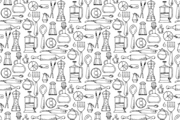 Vector seamless pattern of kitchen tools. Hand drawn doodle cooking equipments. background for restaurant menu, recipe book, and wallpaper.