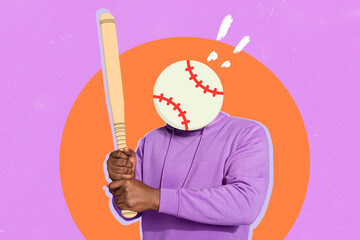 Creative collage illustration of guy arms hold baseball bat ball instead head isolated on painted background
