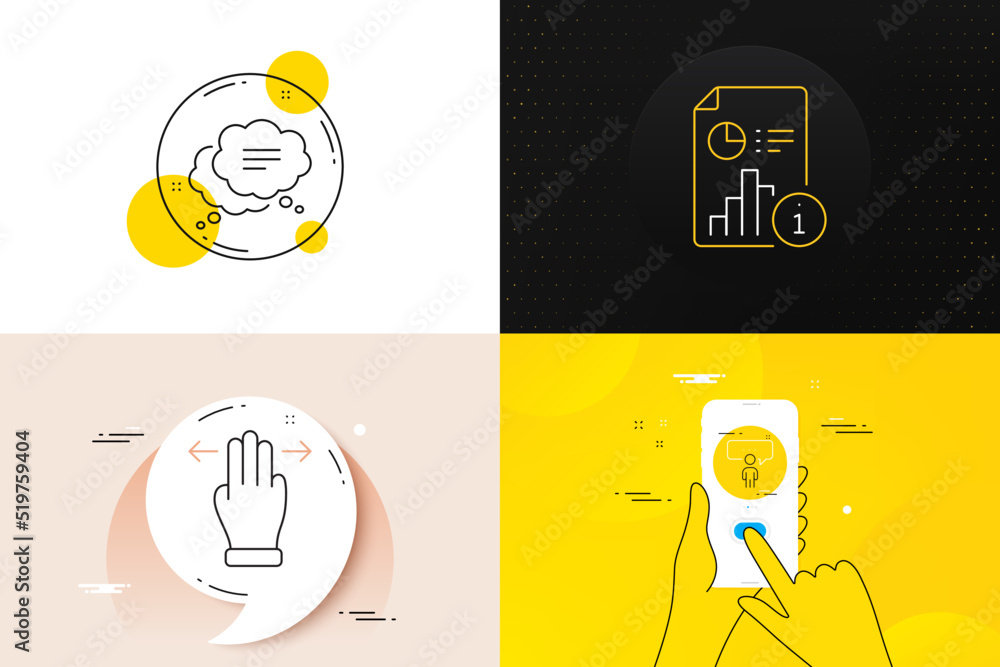 Poster minimal set of multitasking gesture, consulting business and report line icons. phone screen, quote 