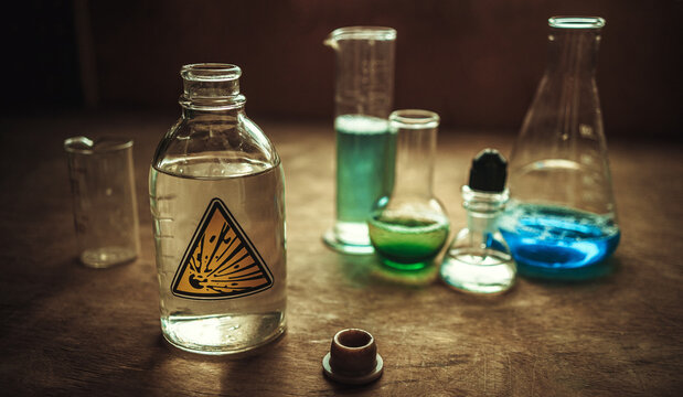 Glass flasks with explosive liquid on a wooden table. Chemical experiments at home. Vintage laboratory. 