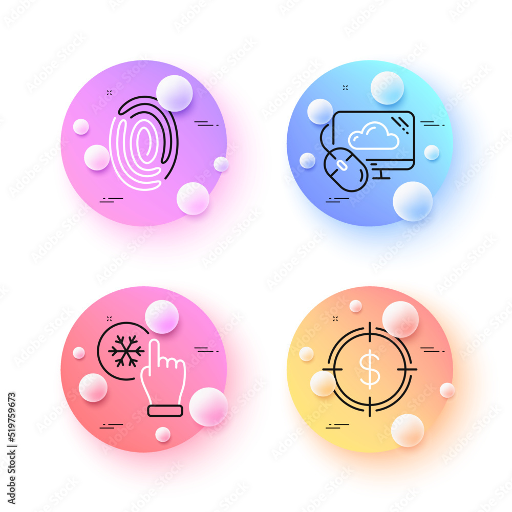 Poster freezing click, cloud computing and dollar target minimal line icons. 3d spheres or balls buttons. f