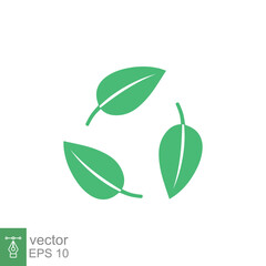 Biodegradable recyclable plastic free package icon. Vector bio recyclable degradable label logo template. Three green leafs isolated on white background. EPS 10.