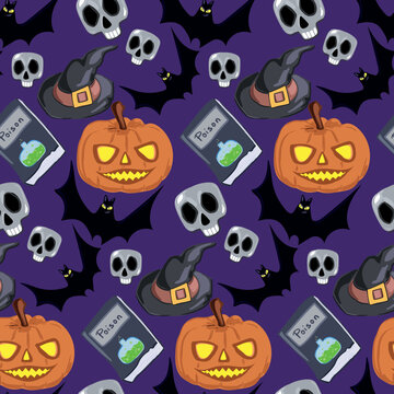 Seamless Halloween pattern with pumpkin, witch hat, bats, old books and skulls.