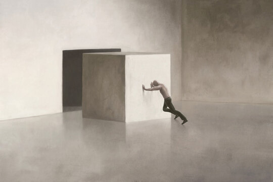 Illustration of strong man pushing a big heavy cube in a squared shaped hole, surreal challenge concept