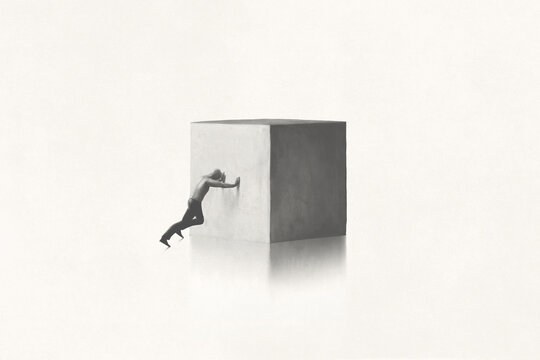 Black and white illustration of little man pushing heavy big solid cubic shaped rock, abstract minimal concept
