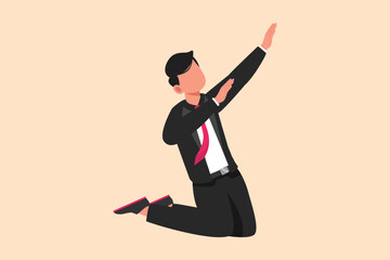 Business flat drawing happy businessman kneeling with celebrating goal pose. Manager celebrate success of increasing company product sales. Business achievement. Cartoon design vector illustration