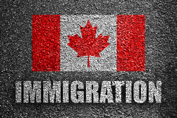 IMMIGRATION and flag of Canada on asphalt road