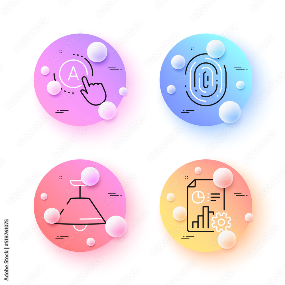 Poster report, ceiling lamp and ab testing minimal line icons. 3d spheres or balls buttons. fingerprint ico