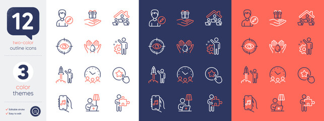 Set of Puzzle, Music app and Employee line icons. Include Loyalty star, Eye target, Launch project icons. Floor lamp, Meeting time, Loyalty program web elements. Work home, Wash hands. Vector