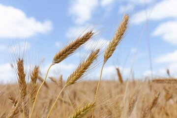 Field of Golden wheat under the blue sky and cloudsWheat field and blue sky with clouds. The subject of agriculture and food
