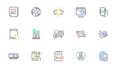 Bus tour, Financial app and Time management line icons for website, printing. Collection of Report checklist, Bitcoin pay, Chemistry experiment icons. Card, Star, Timer web elements. Vector