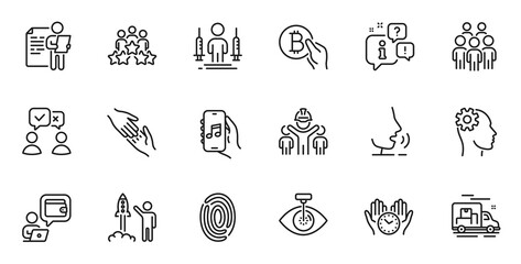Outline set of Music app, Engineering team and Group people line icons for web application. Talk, information, delivery truck outline icon. Vector