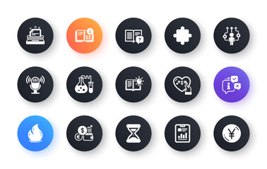 Minimal set of Product knowledge, Instruction info and Chemistry lab flat icons for web development. Puzzle, Fire energy, Microphone icons. Business way, Typewriter. Circle buttons with icon. Vector