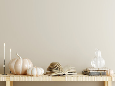 Autumn Background with a book and pumpkins in kozy interior, 3d render