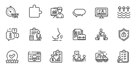 Outline set of Checklist, Rating stars and Quick tips line icons for web application. Talk, information, delivery truck outline icon. Include Vacancy, Report, People chatting icons. Vector