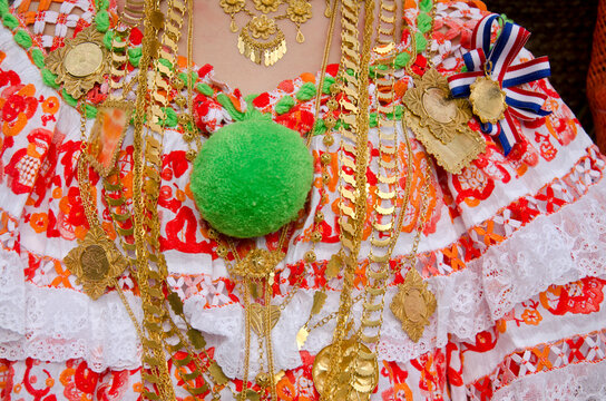 Pollera Panamanian women's traditional costume at Carnival - stock photo
