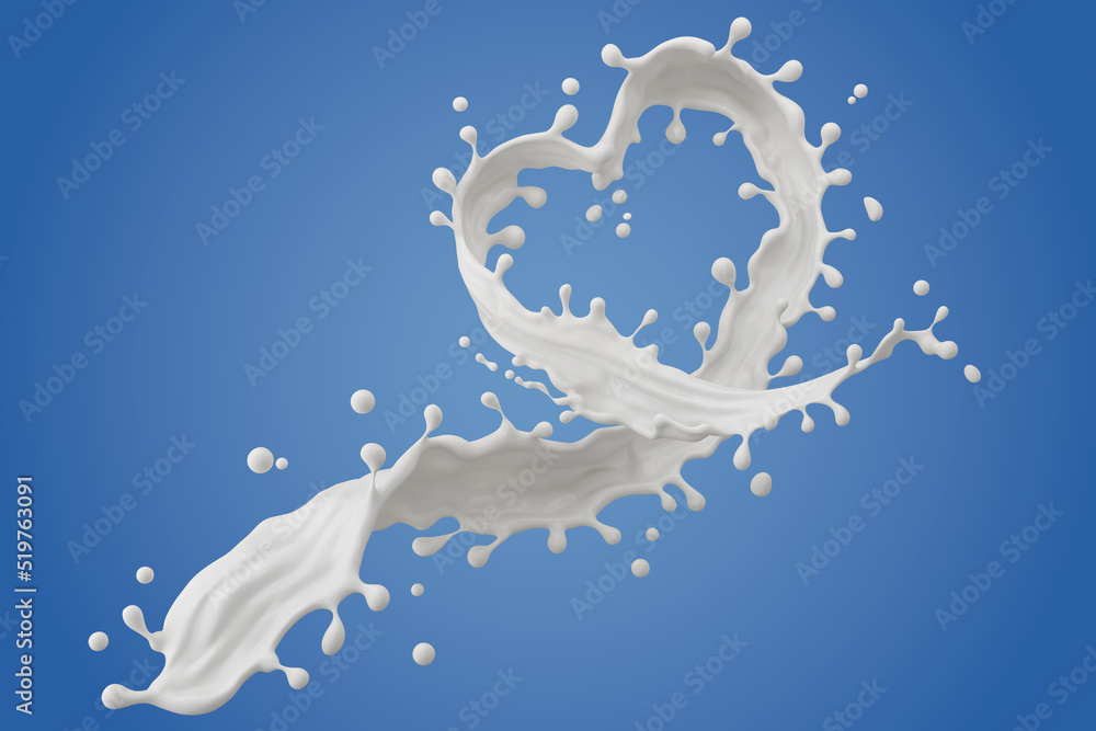 Aufkleber milk splash in the shape of a heart include clipping path, 3d rendering.