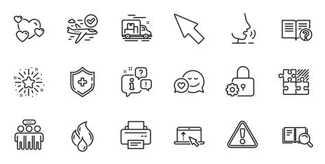 Outline set of Warning, Swipe up and Twinkle star line icons for web application. Talk, information, delivery truck outline icon. Include Dating, Employees group, Puzzle game icons. Vector