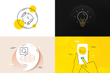 Minimal set of Energy, Column diagram and Inspect line icons. Phone screen, Quote banners. Vaccination schedule icons. For web development. Lightbulb, Sale statistics, Money budget. Vector